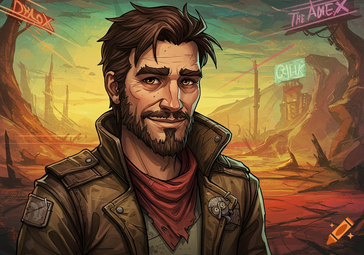 Stylized portrait of a man with a beard and leather jacket in a desert landscape with neon signs, in the style of Borderlands.