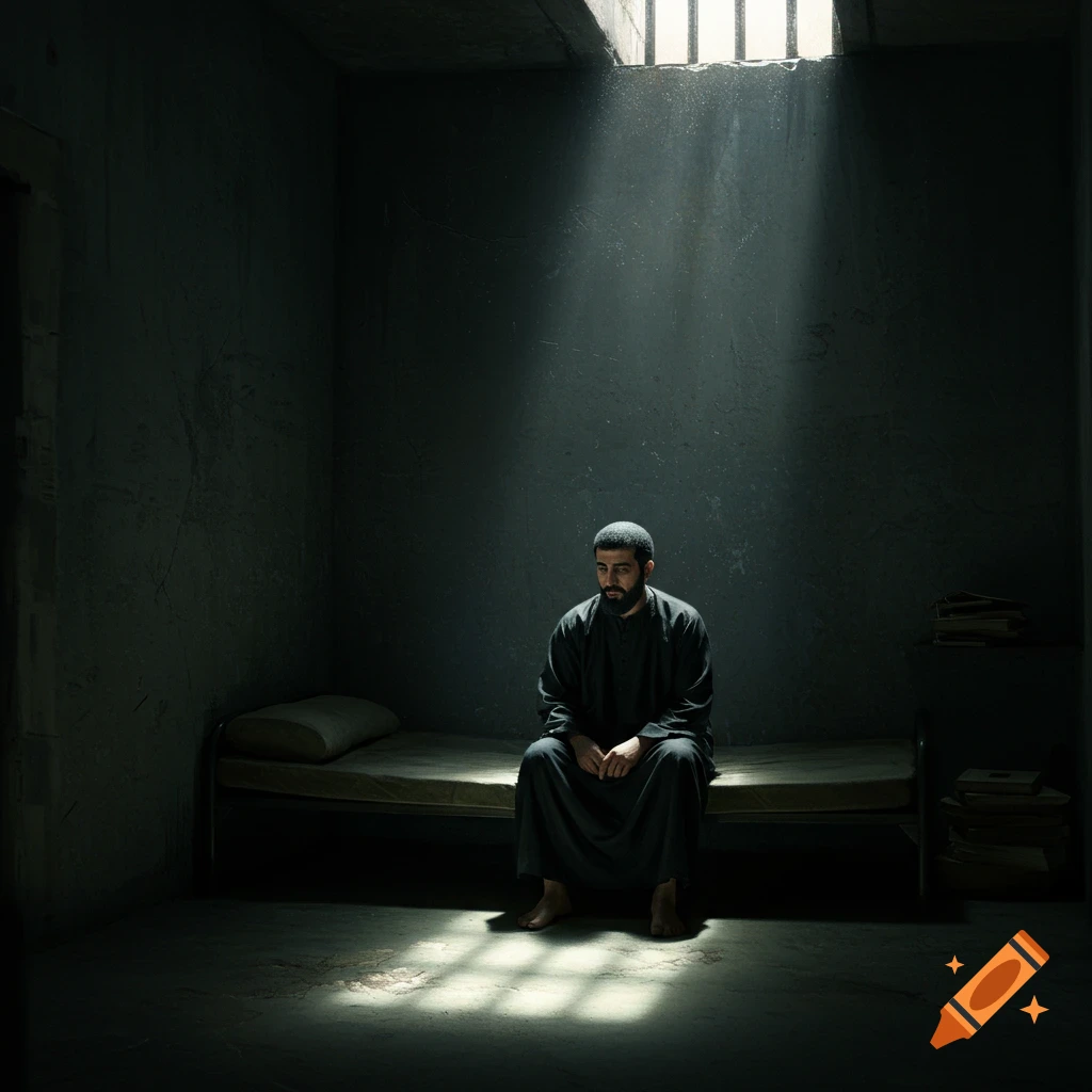 A man sits alone on a bed in a dark prison cell, lit by light from a barred window.