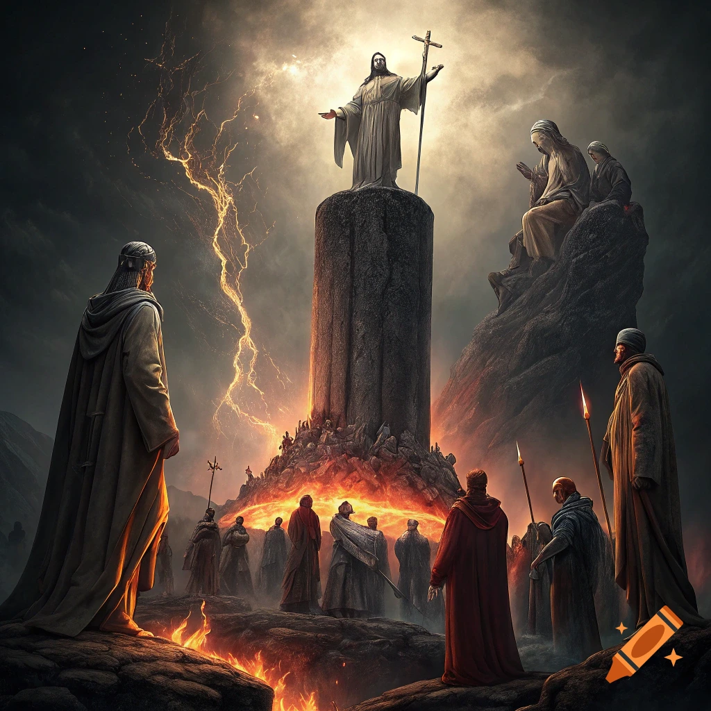 Dramatic scene of Jesus figure on a pillar with lightning, fire, and people below.