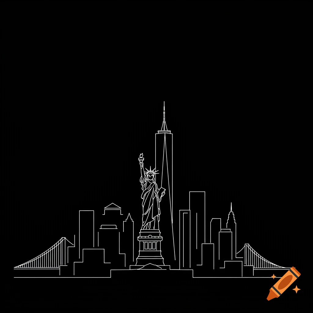 Minimalist line art of the New York City skyline with the Statue of Liberty.
