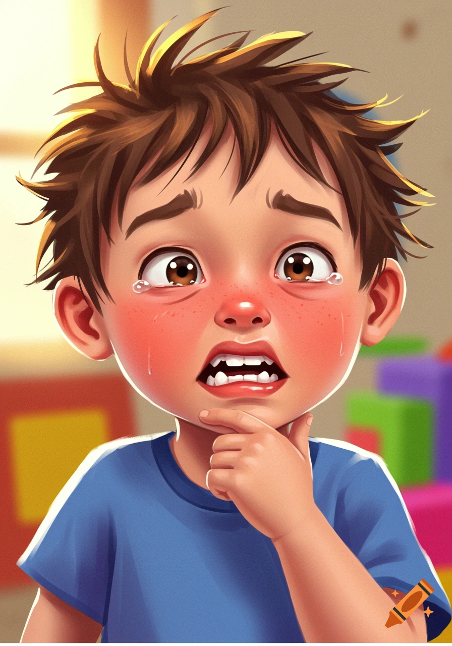 Cartoon of a crying young boy with messy hair touching his mouth.