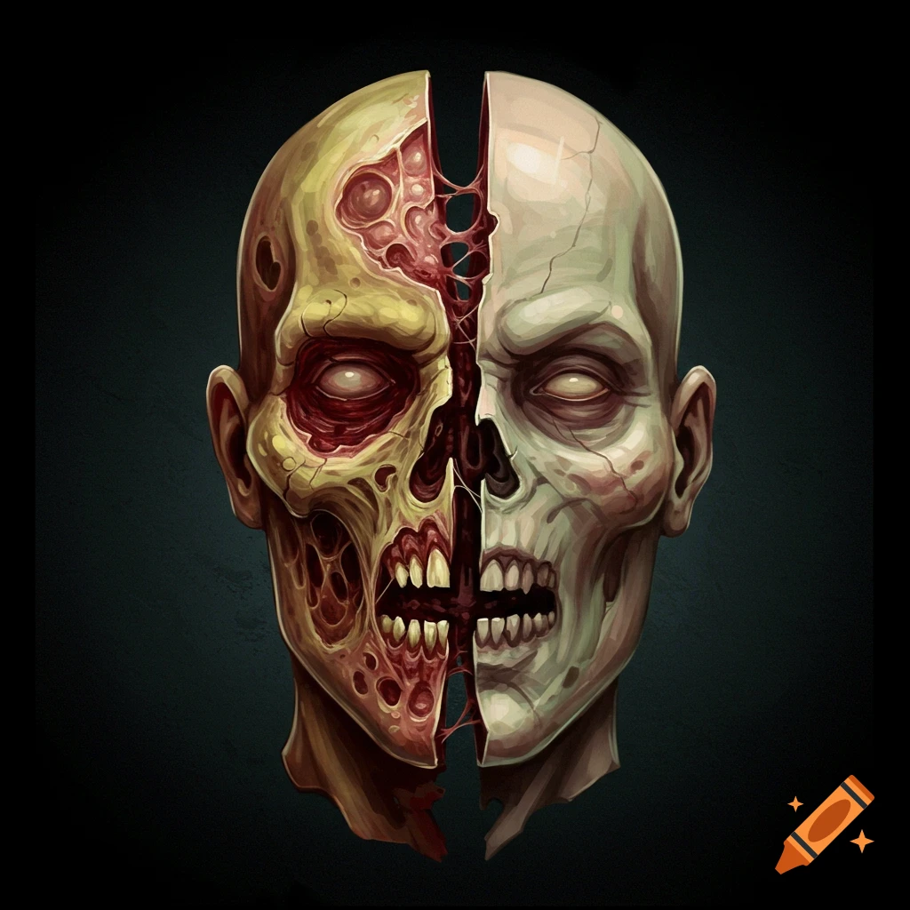 A zombie head is split vertically, revealing decay and bone.