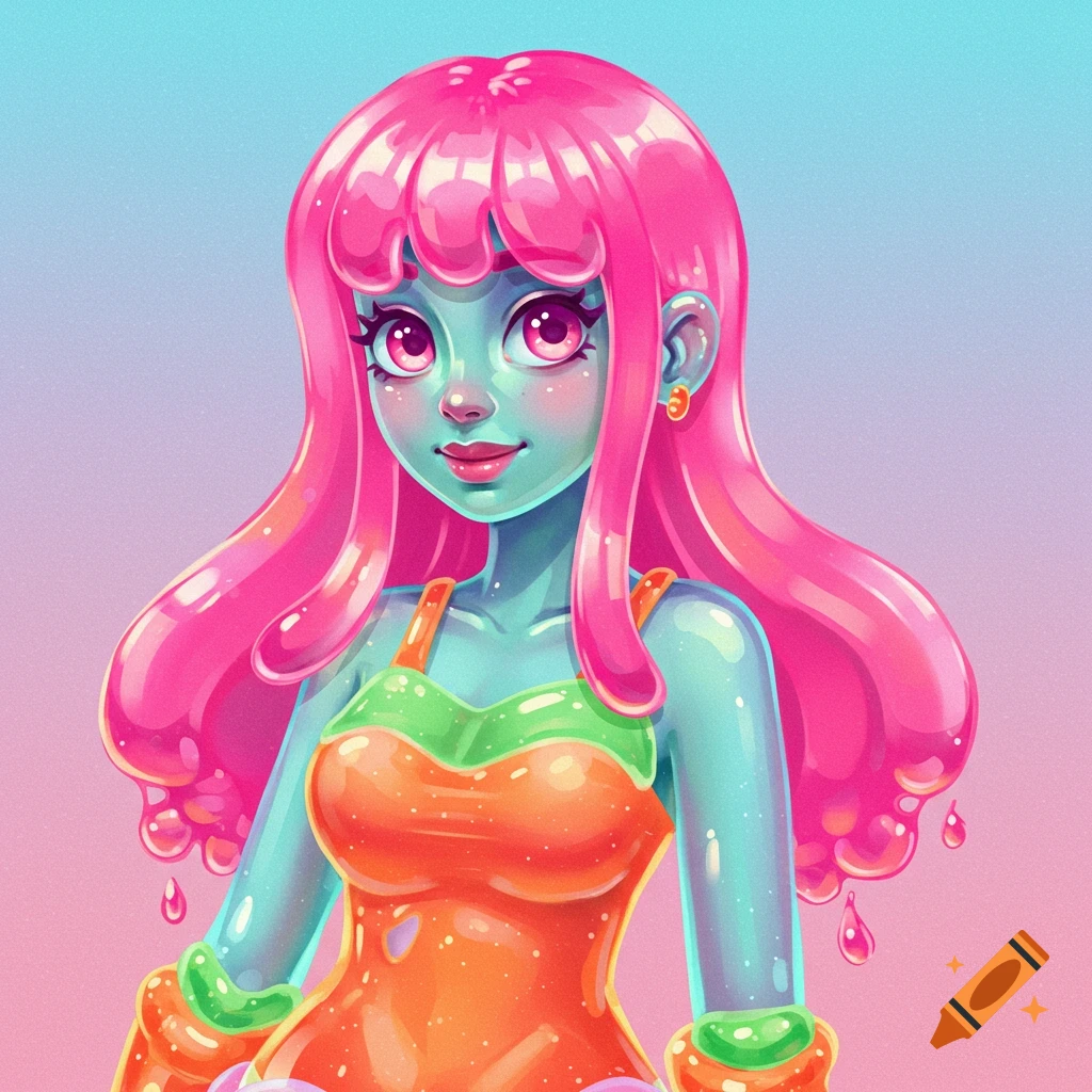 A stylized character with pink jelly hair and blue skin wearing an orange dress.