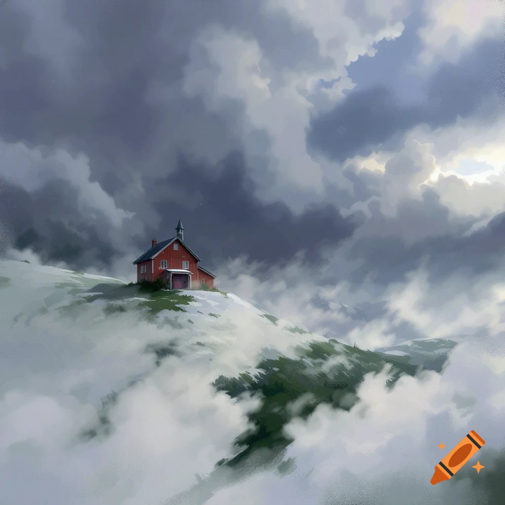 A red house sits on a snowy hill, surrounded by dramatic clouds and fog.