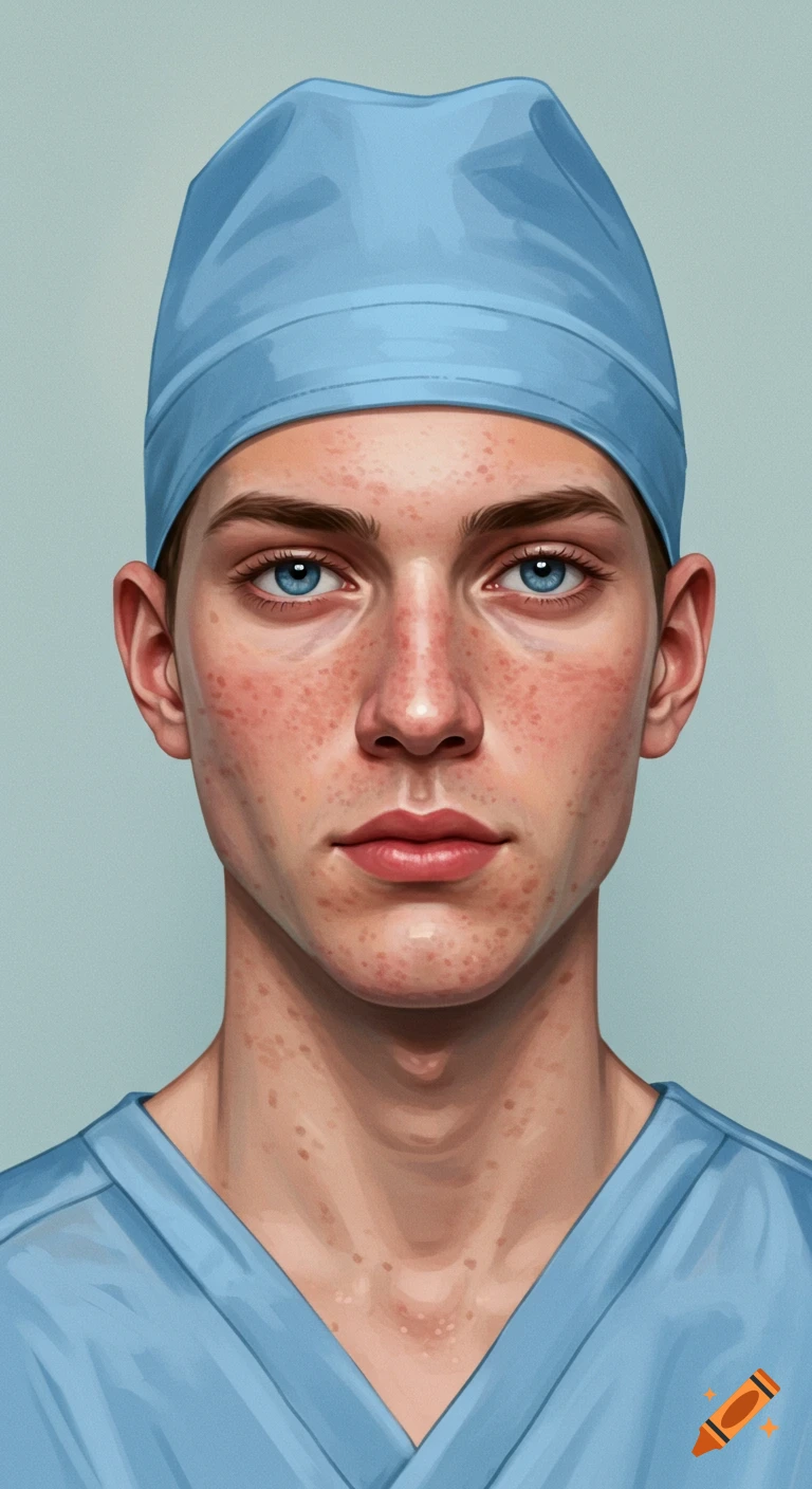 A young man with blue eyes and acne wearing a blue scrub hat and shirt.