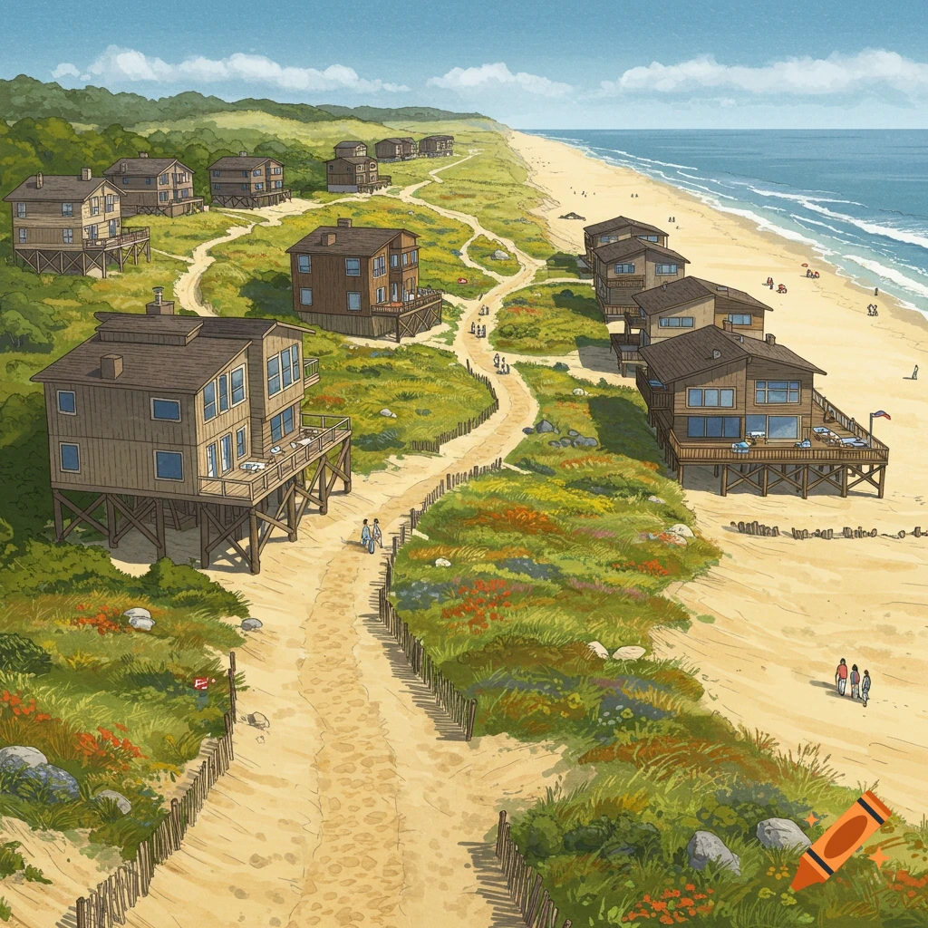 Beach houses on stilts along a sandy coast with dunes, grass, and walking paths