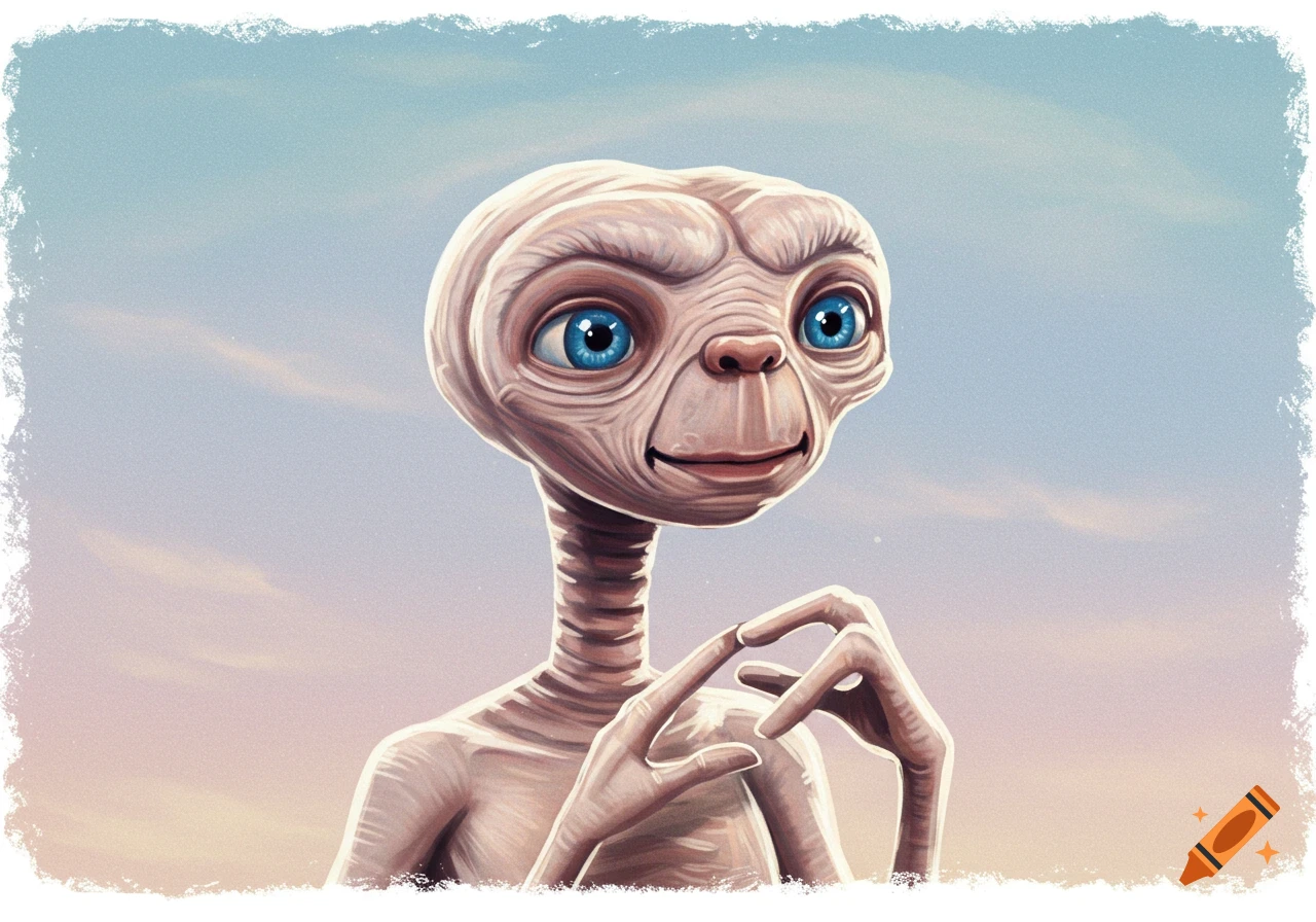 A picture of the movie alien E.T. against a sky background.