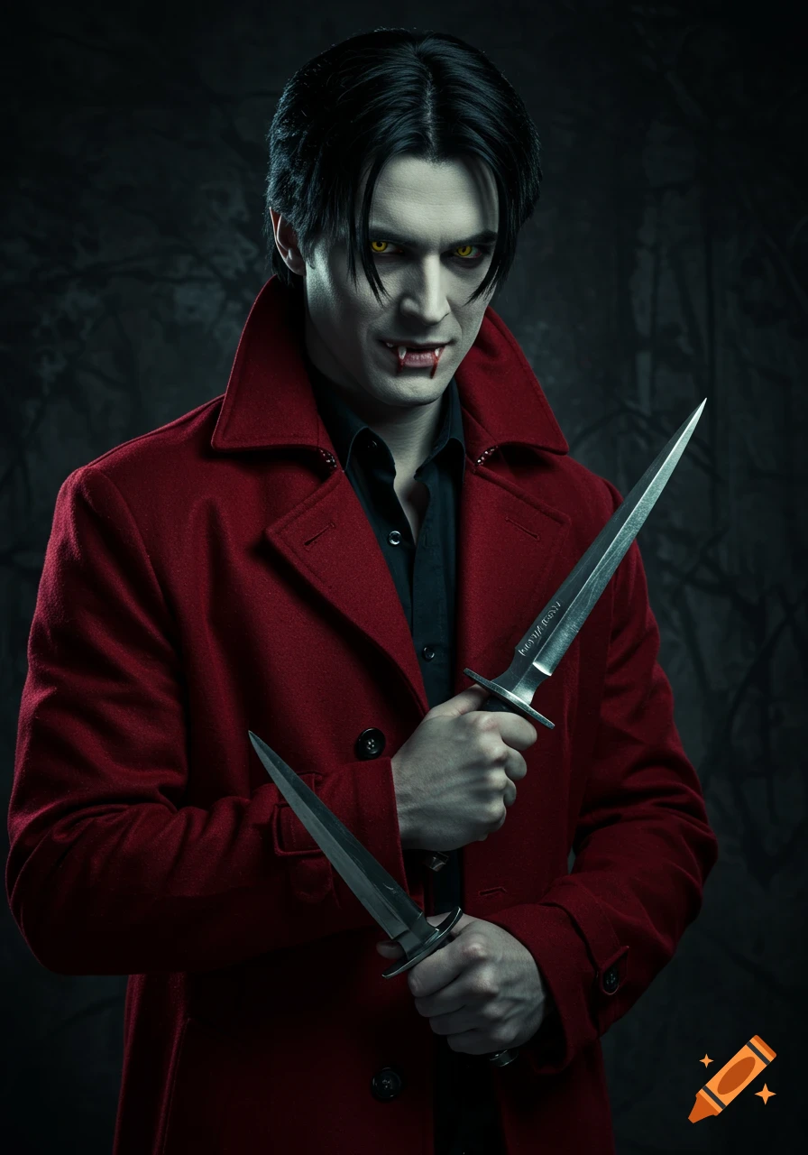 A man dressed as a vampire with fangs and yellow eyes wears a red coat and holds two daggers.