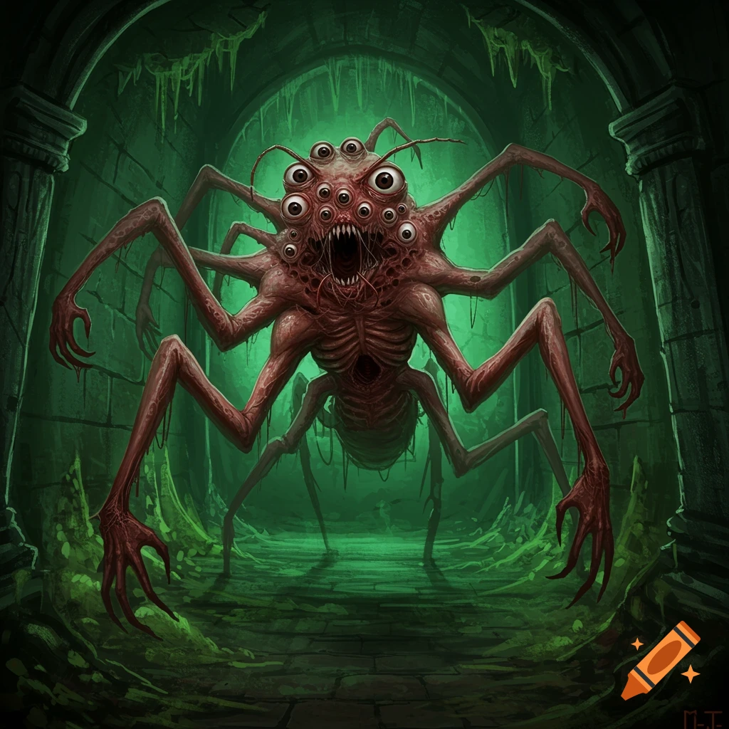A monstrous, multi-eyed creature stands in a dark, moldy dungeon.