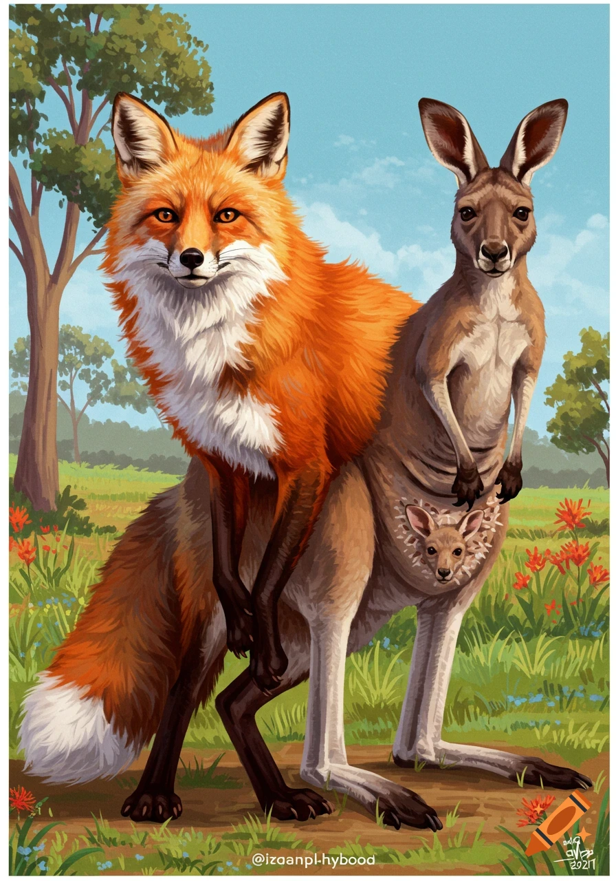 A red fox stands next to a kangaroo with a joey in its pouch in a grassy landscape.