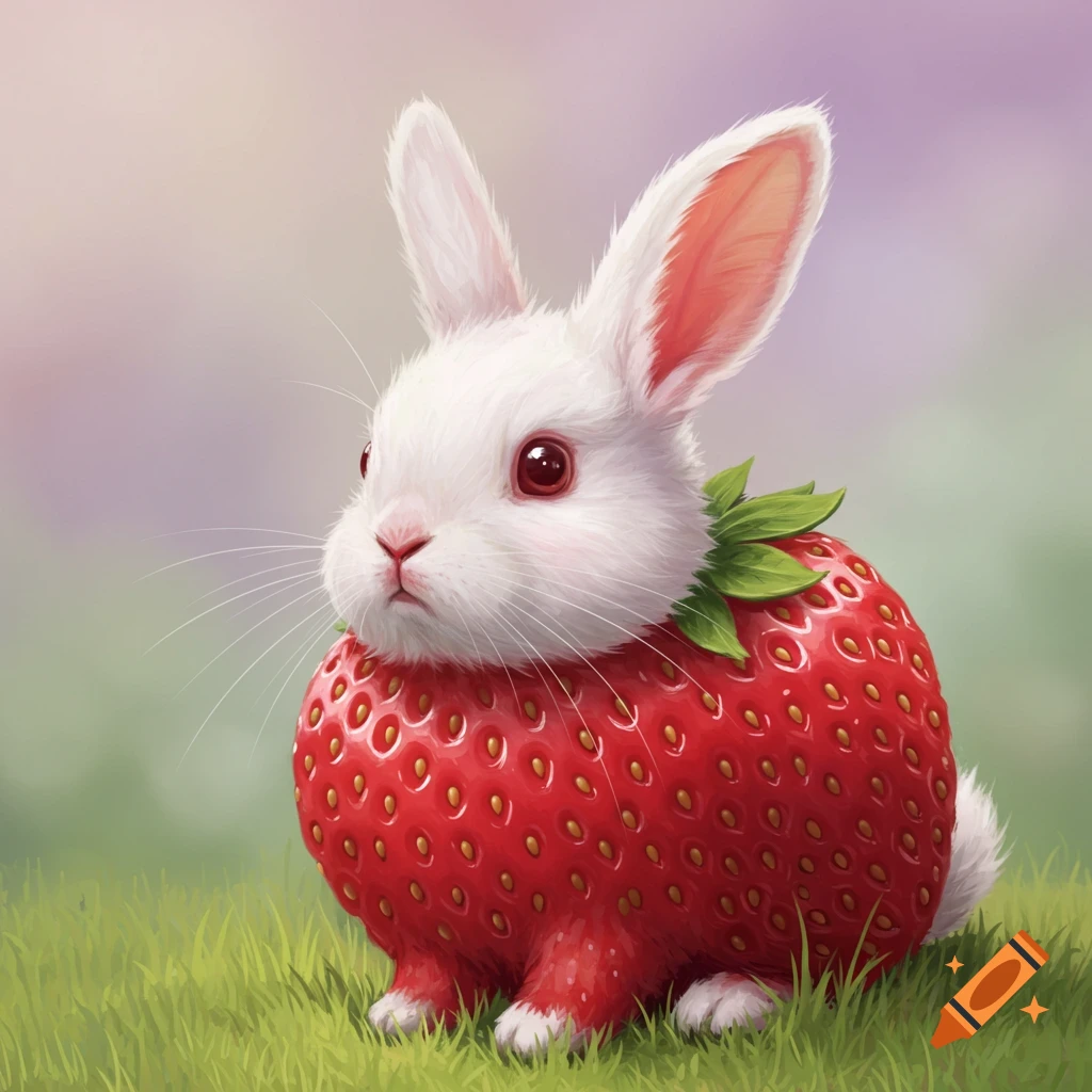 A cute white rabbit with a strawberry body sits in grass.