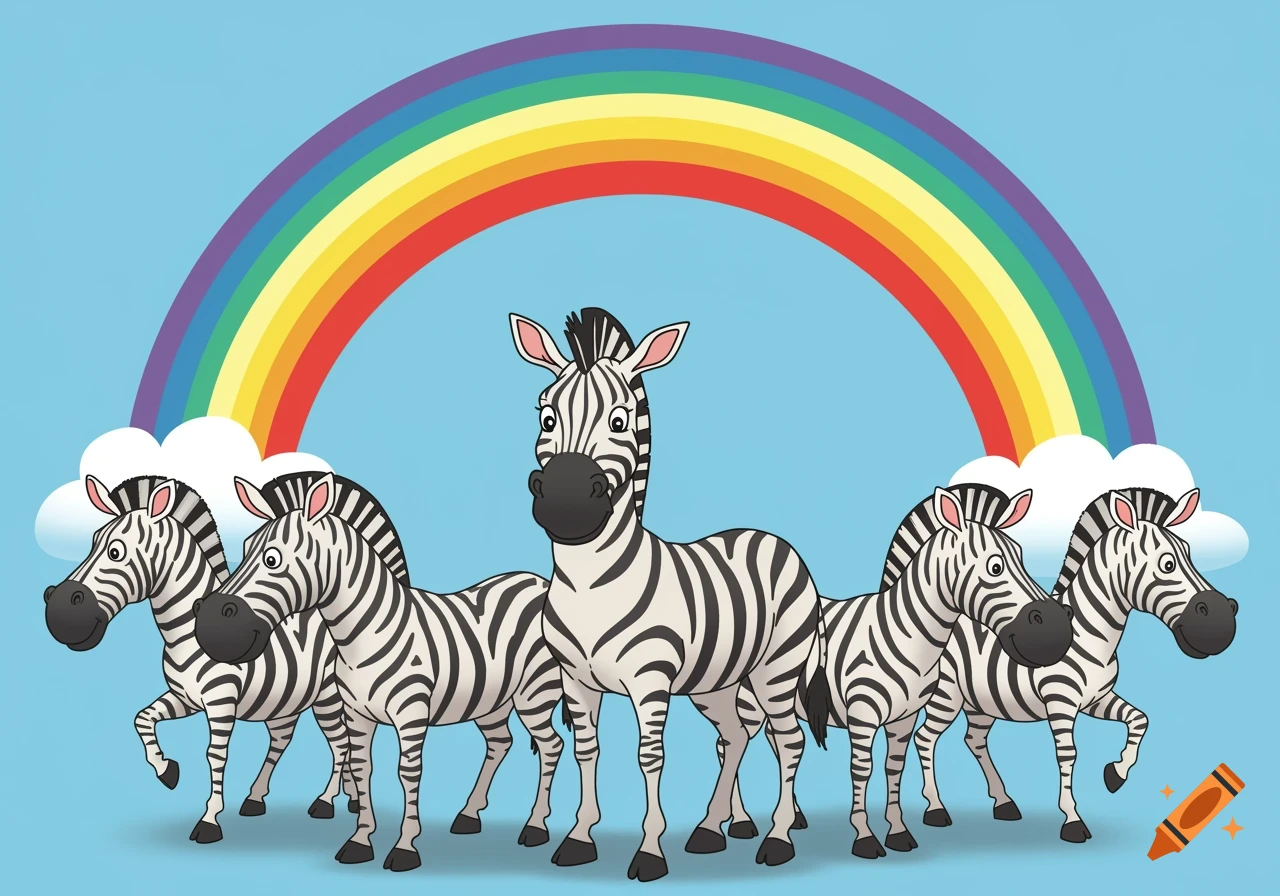 Multiple cartoon zebras stand under a rainbow with clouds
