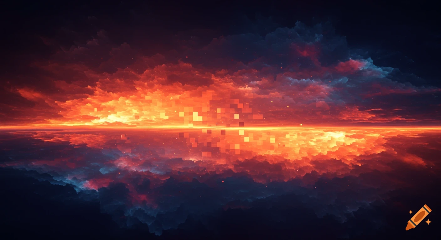 Abstract landscape with fiery pixelated clouds reflected in a dark surface.