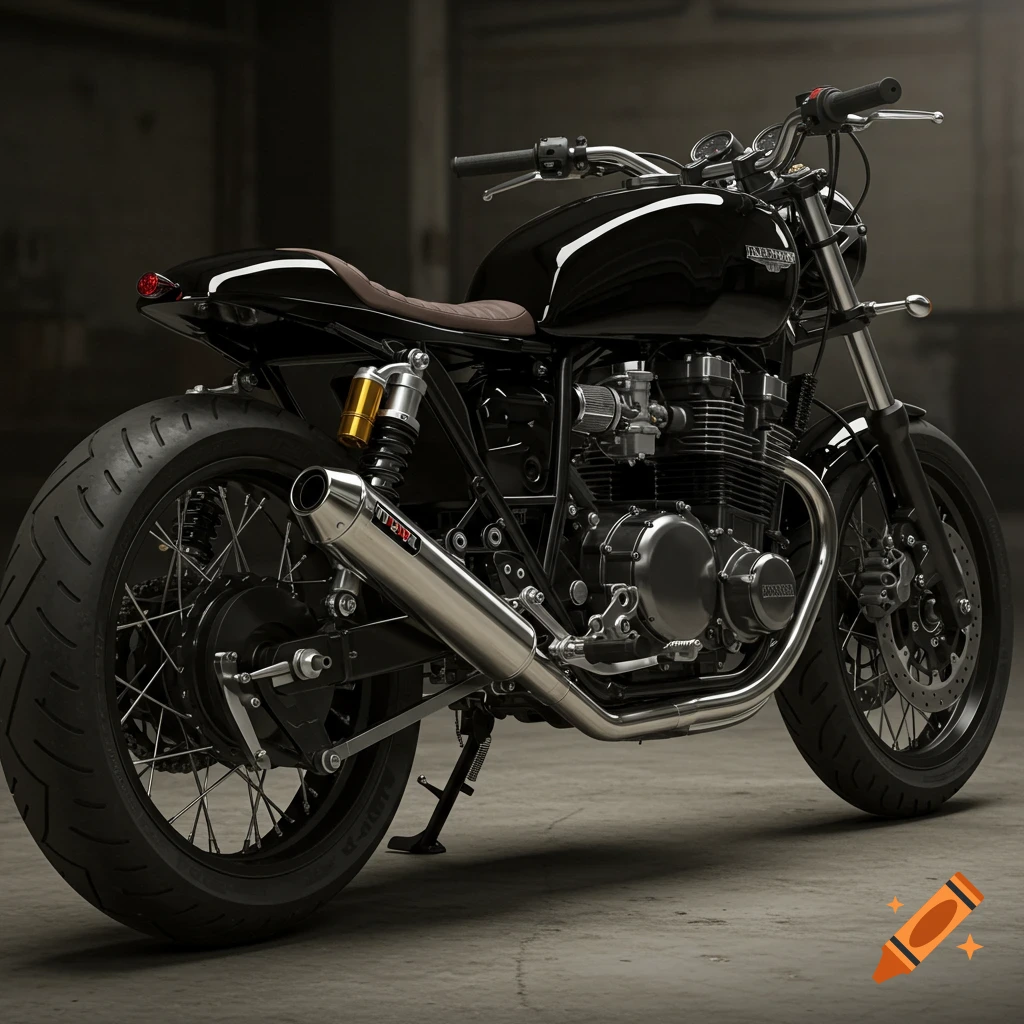 A detailed black custom cafe racer style motorcycle is parked indoors.