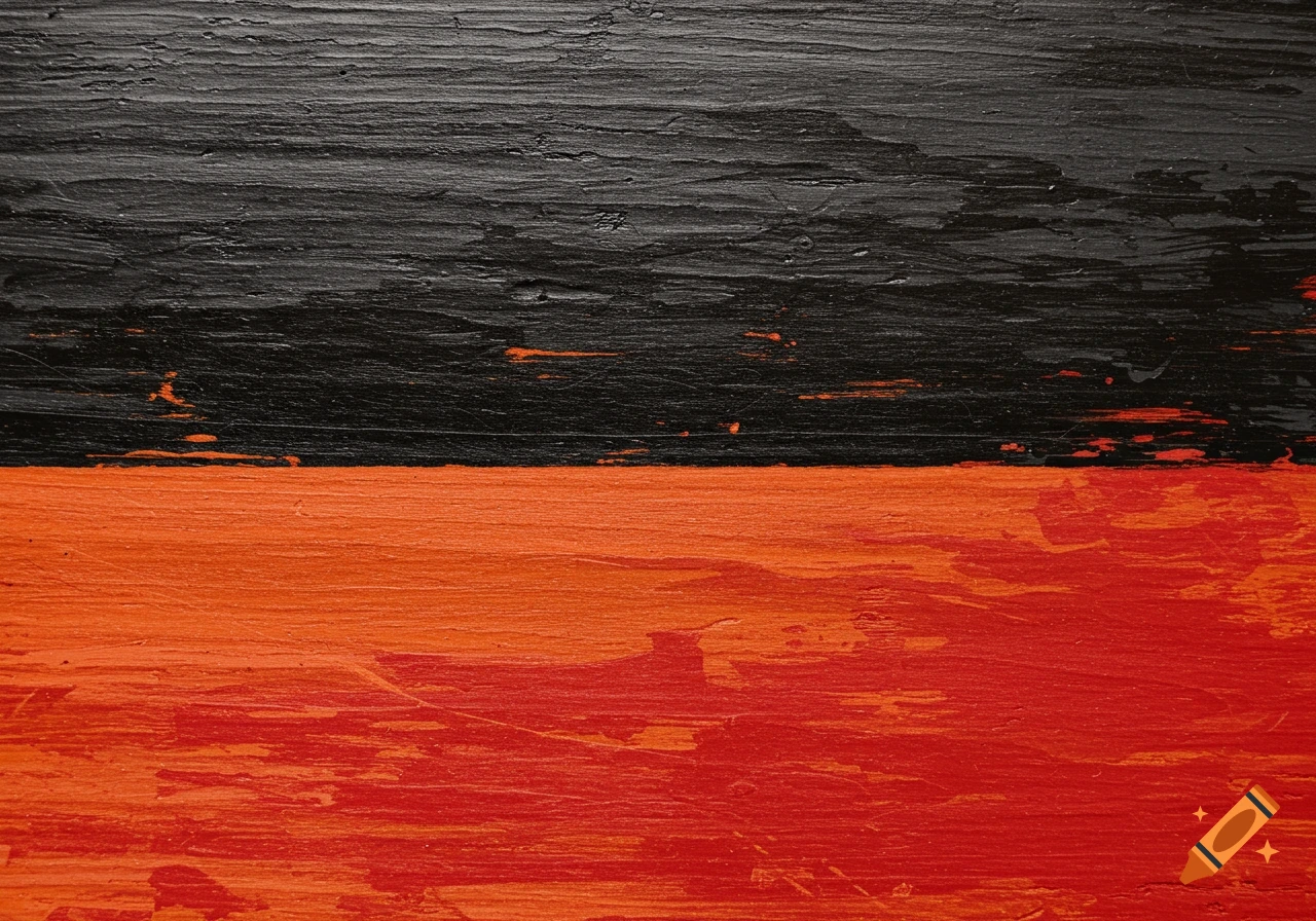 A horizontal flag with black on top and orange transitioning to red on the bottom, showing paint texture.