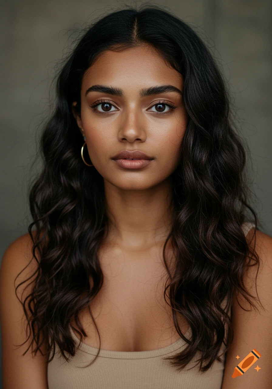 A photorealistic close-up portrait of a woman with long wavy dark hair and gold hoop earrings.
