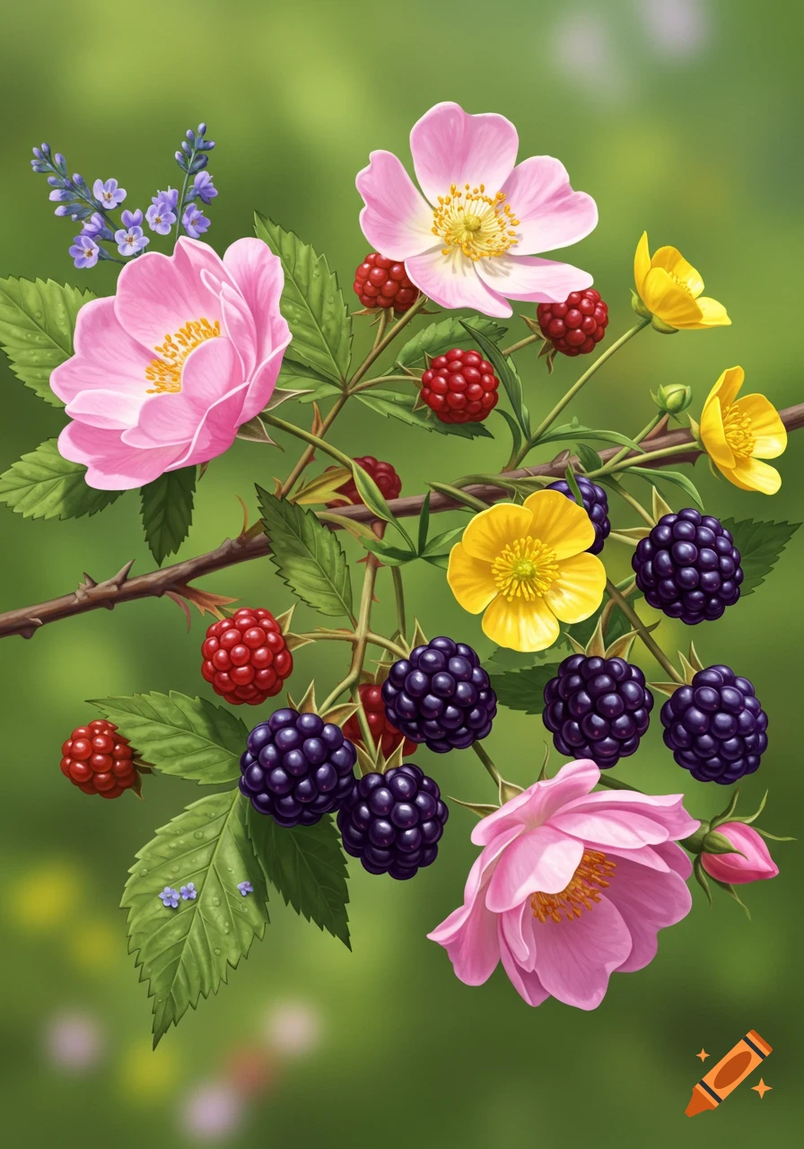 Flowers, raspberries, and blackberries on a branch.