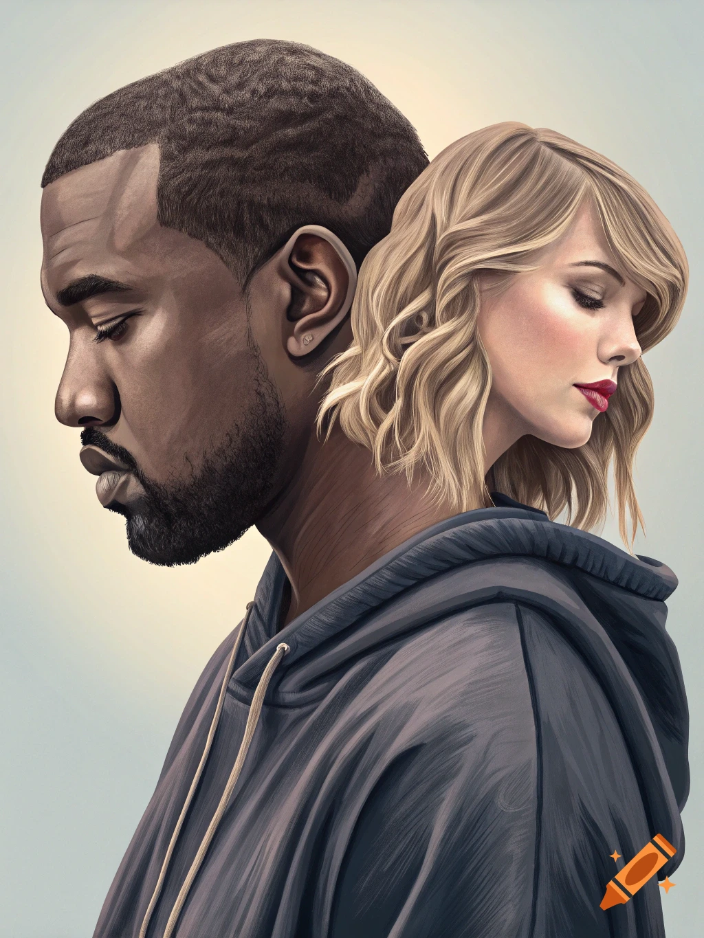 Digital art portrait of Kanye West and Taylor Swift standing back-to-back looking down.