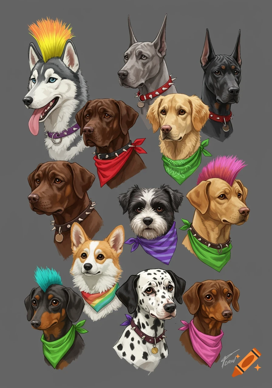 Various dog breeds with colorful mohawks, bandanas, and spiked collars.