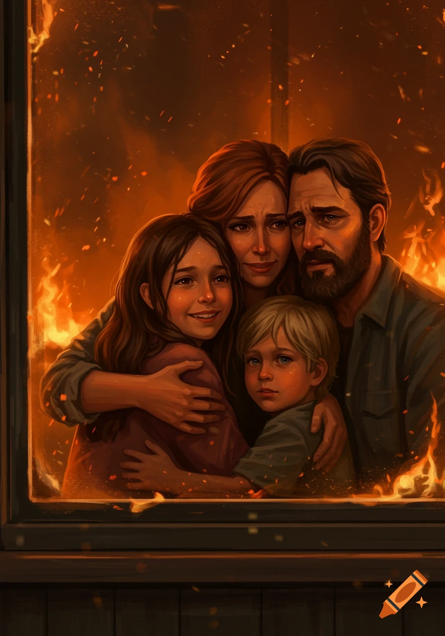 A family embraces inside a building as fire burns outside the window.