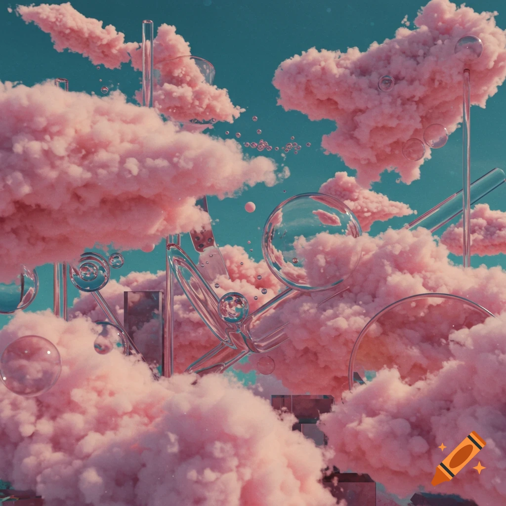 Computer graphic of pink fluffy clouds mixed with clear glass shapes floating in a blue sky.