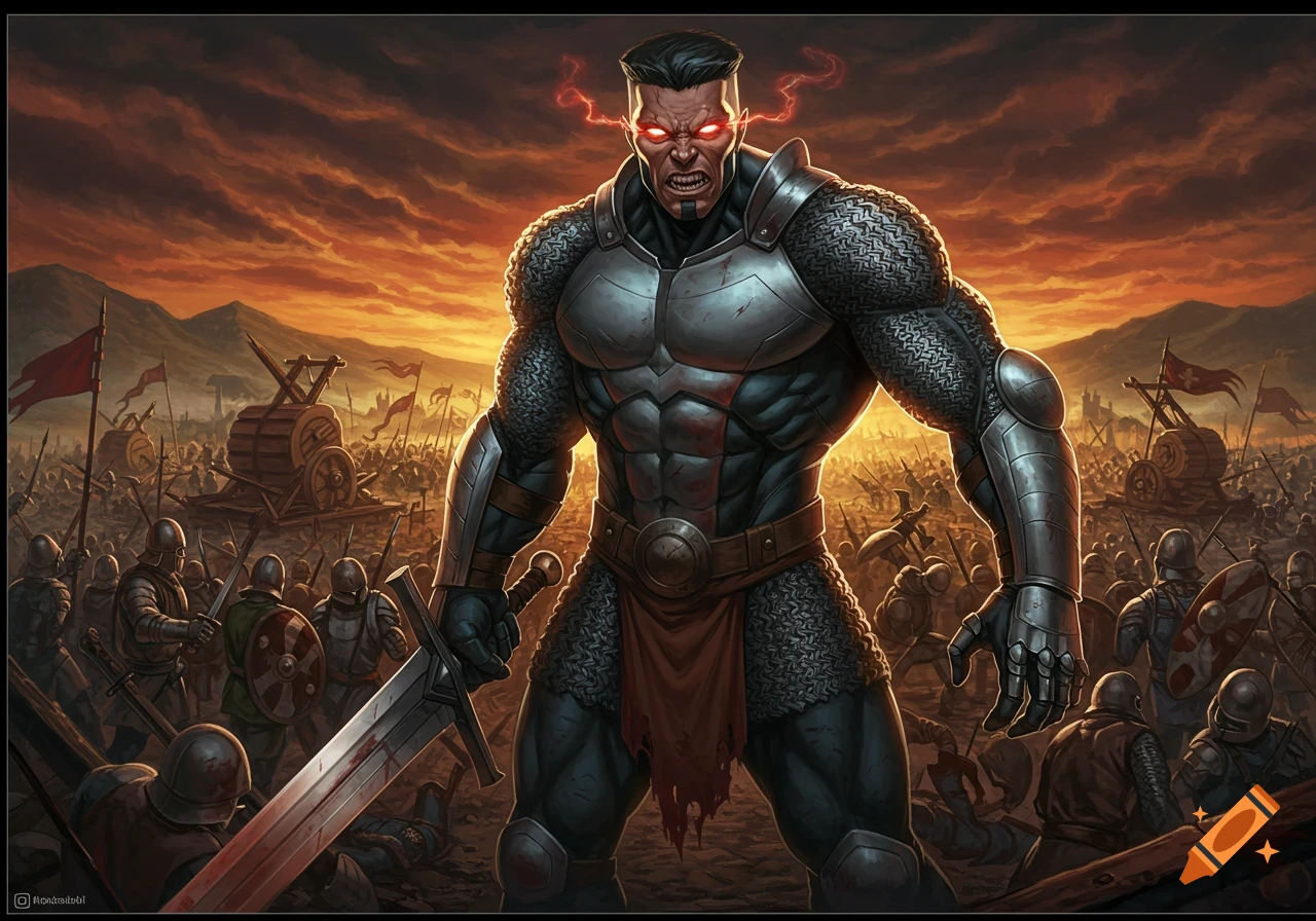 Powerful warrior in medieval armor with glowing red eyes standing on a battlefield among soldiers, holding a sword.