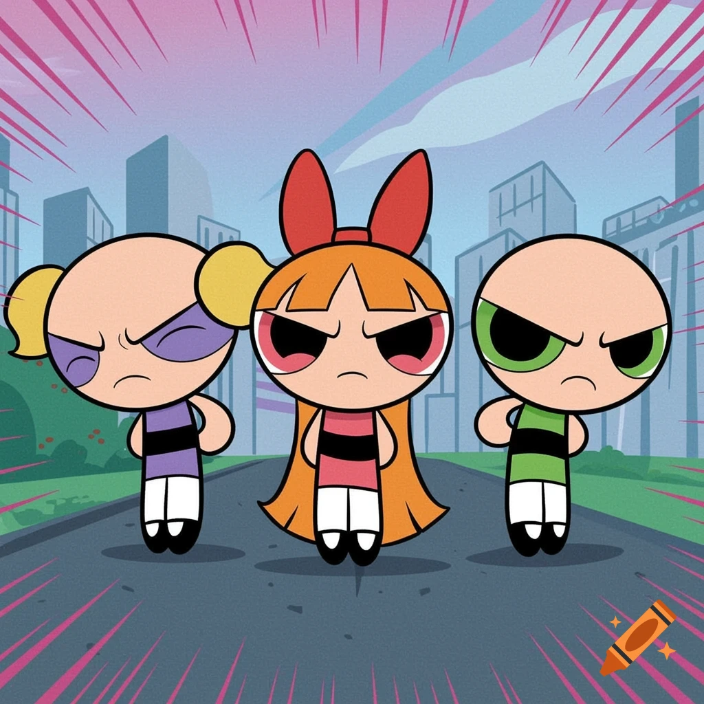 Three bald Powerpuff Girls look angry on a city street in cartoon style.