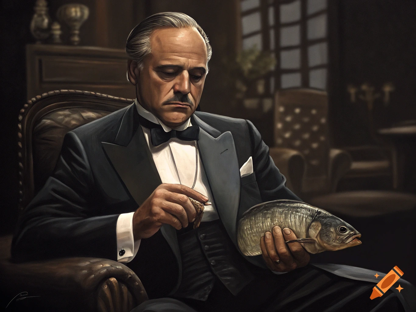 A man resembling the Godfather sits in a chair, holding a fish. Painterly style.