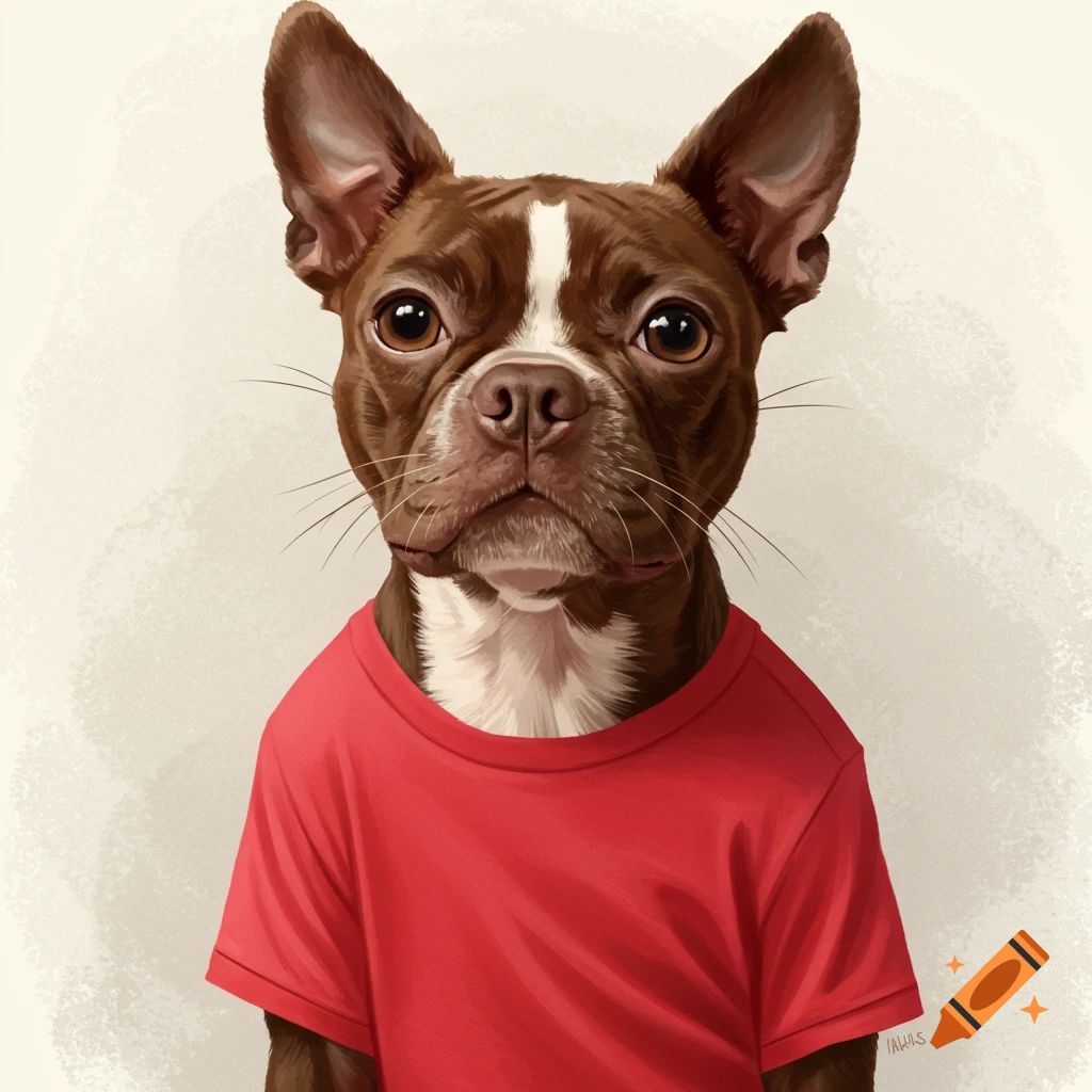 A brown Boston terrier wears a red shirt.