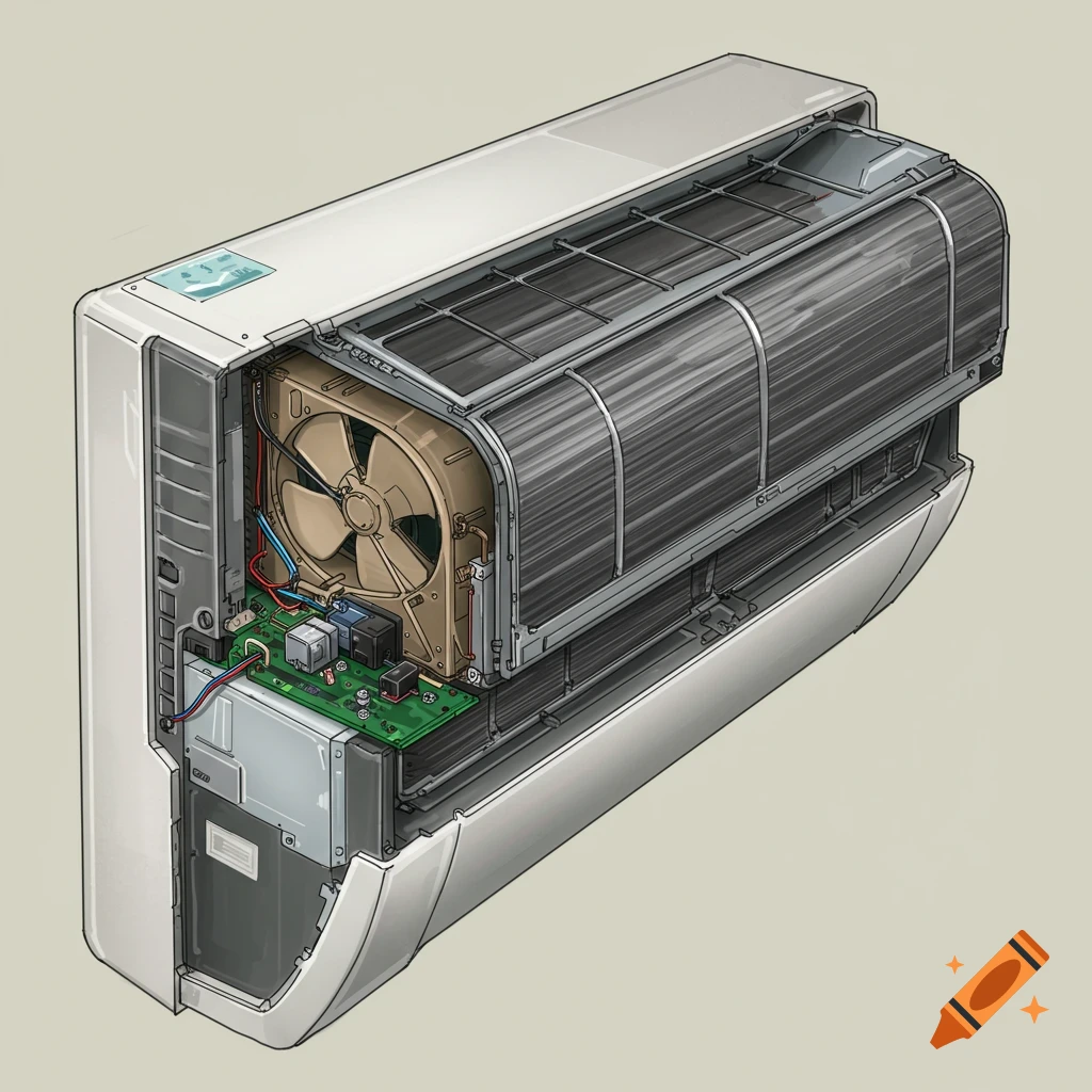 Detailed cross-section of a wall-mounted air conditioner unit revealing its internal components.