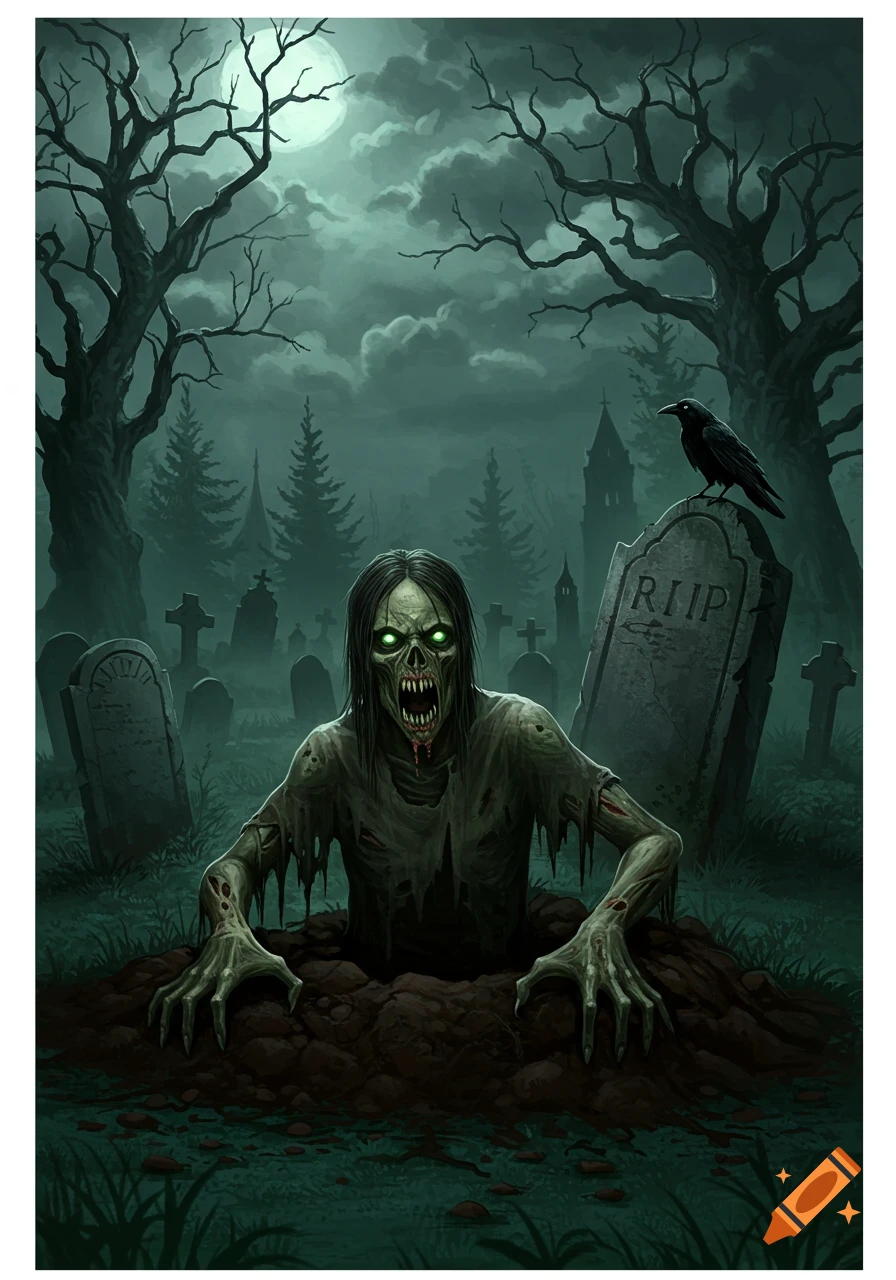 A ghoul rising from a grave in a dark, moonlit graveyard with gravestones and trees.