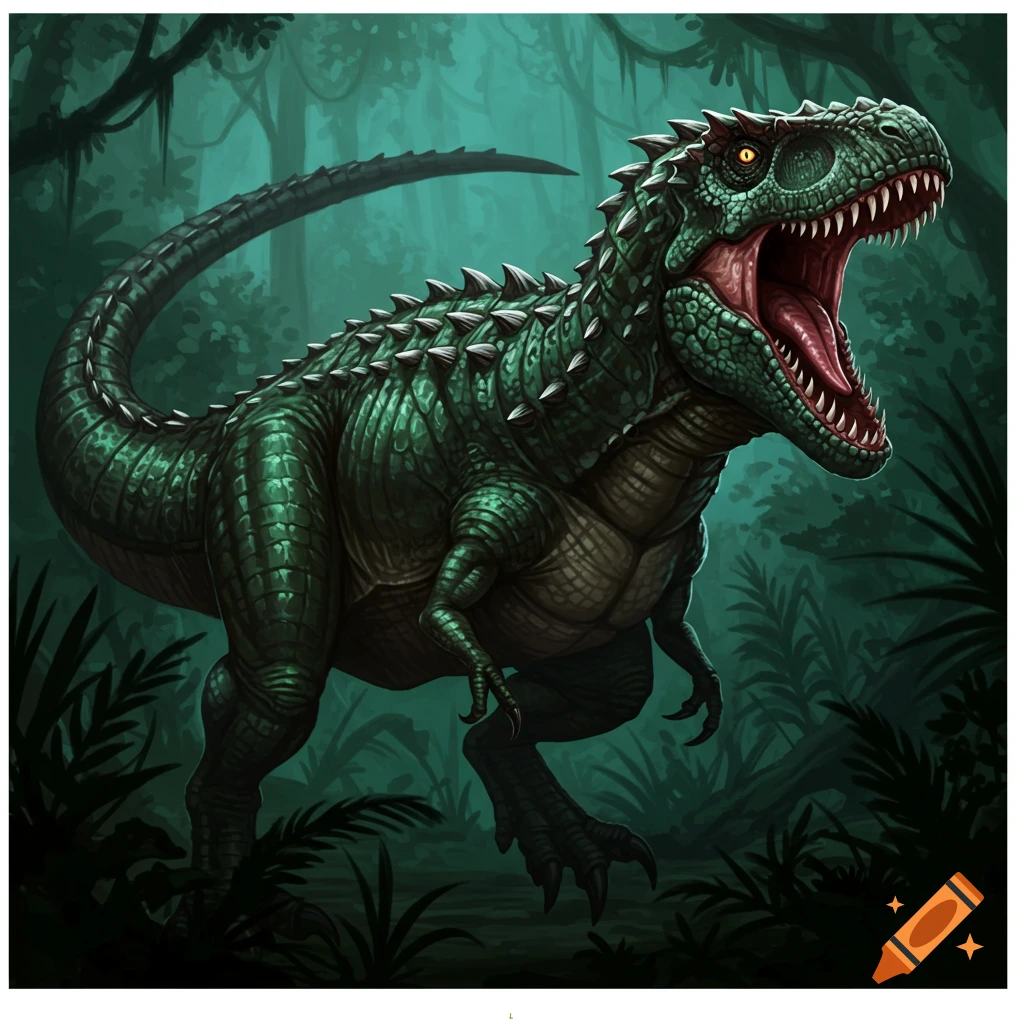 A spiky green Scorpios Rex dinosaur in a dark jungle.