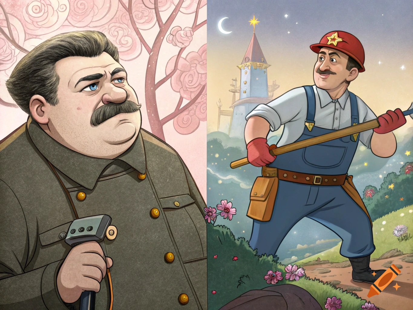 A split image cartoon of Stalin on the left and a worker resembling Mario holding a pickaxe on the right.