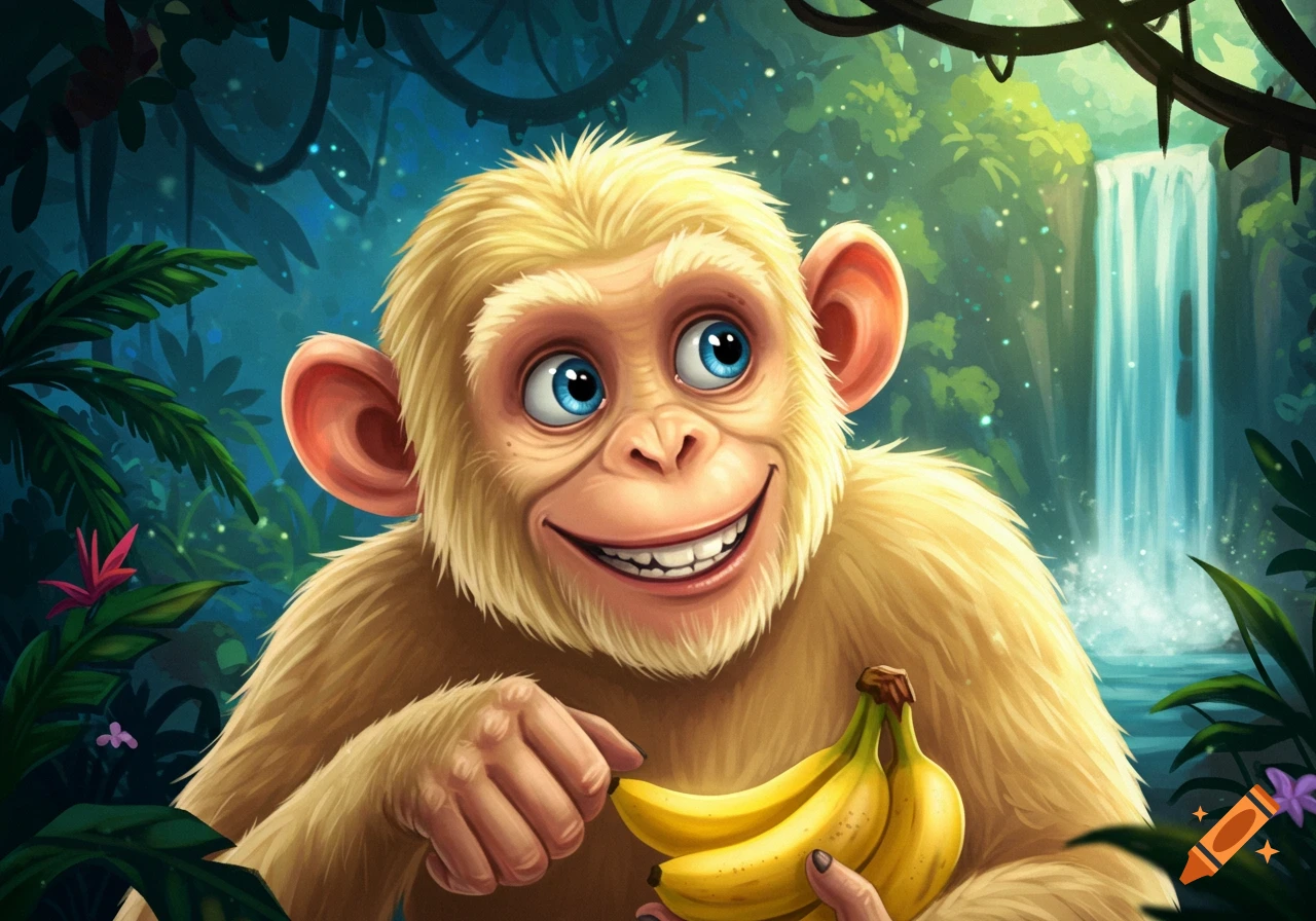 Cartoon blonde monkey holding bananas in a jungle