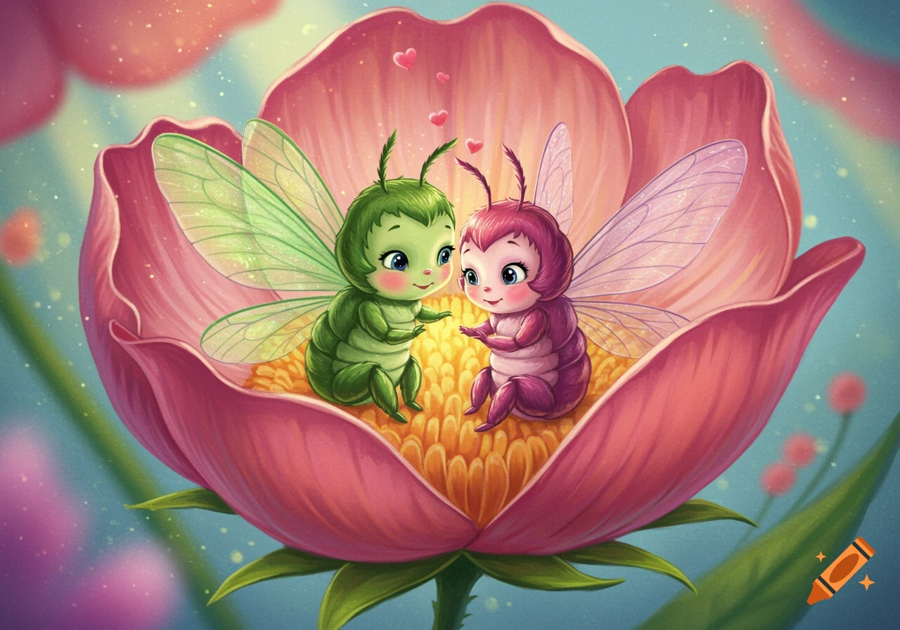 Two cute cartoon bugs with green and lavender wings sit in a large pink flower in a whimsical fairytale style.