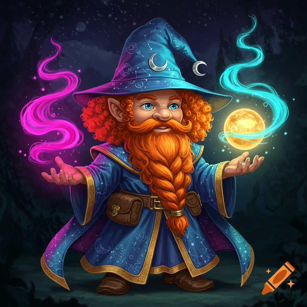 A gnome wizard with a long orange beard and blue hat holds glowing magic and an orb in a dark forest.