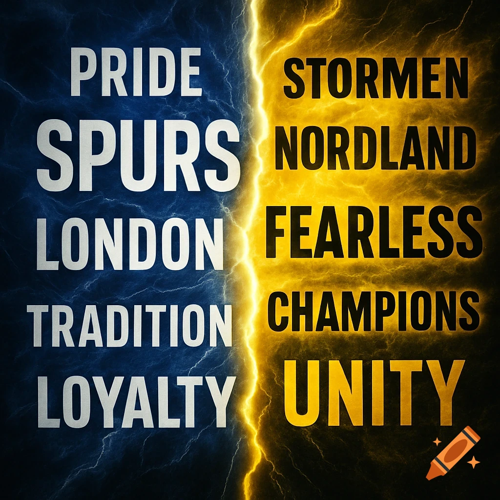 Split image with lightning. Left: blue/white, text PRIDE SPURS LONDON TRADITION LOYALTY. Right: yellow/black, text STORMEN NORDLAND FEARLESS CHAMPIONS UNITY.