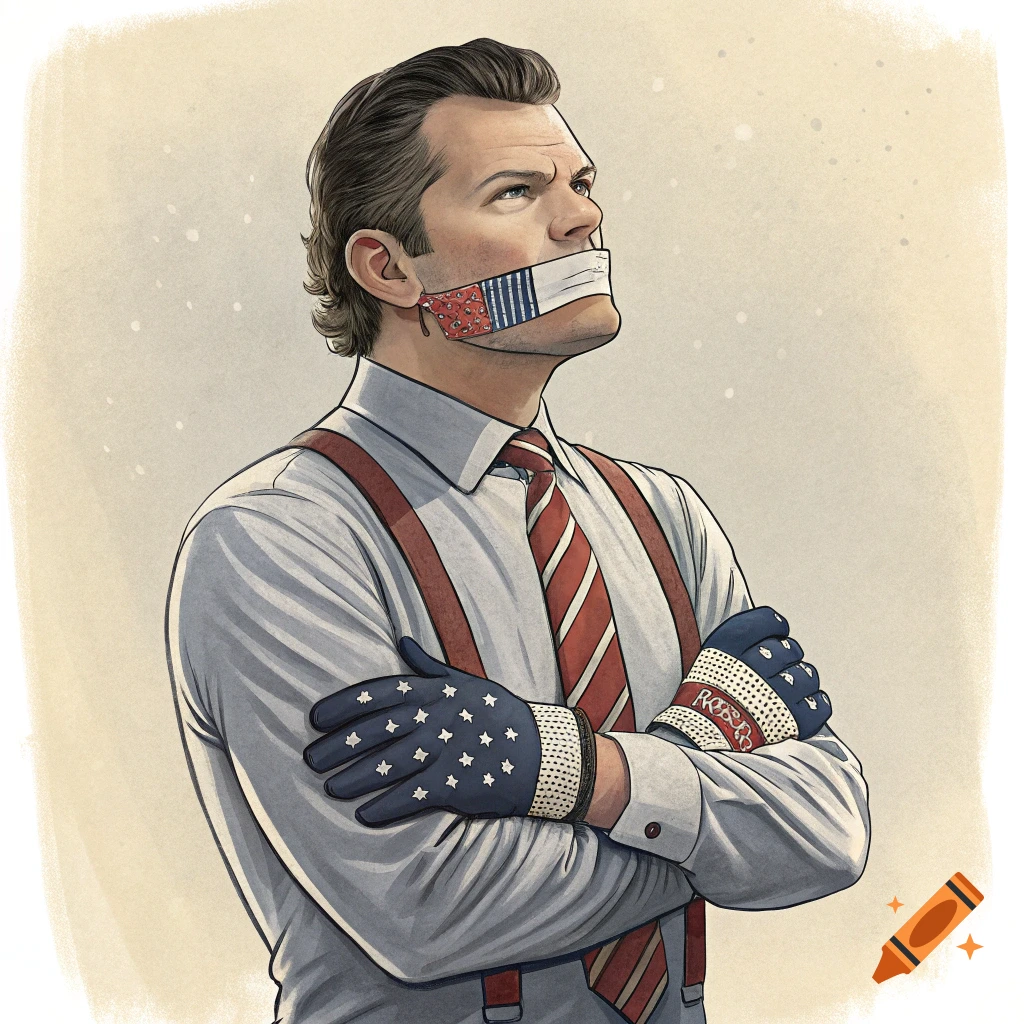 Illustration of a man with tape over his mouth and American flag patterned mitts on his hands, arms crossed.