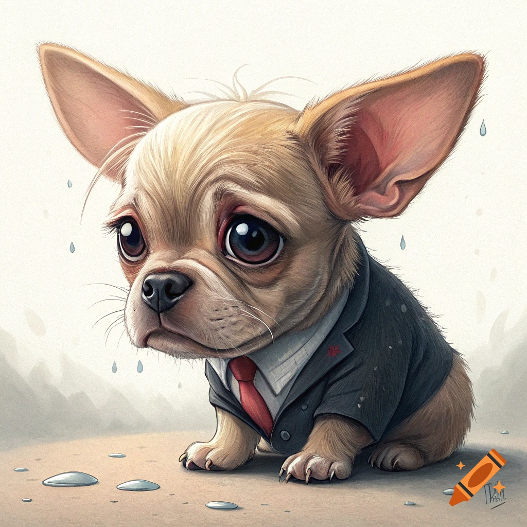 A sad chihuahua dog wearing a suit and tie sits with tears falling.