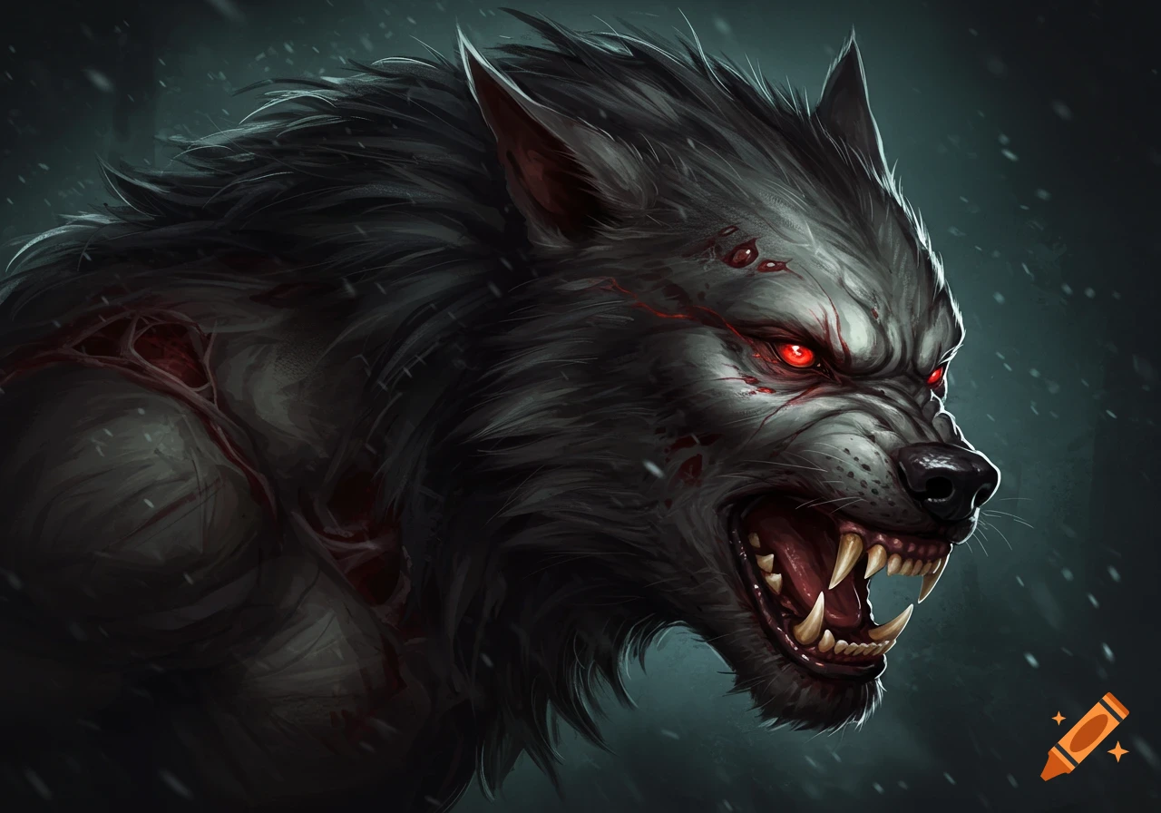 A fierce werewolf with red eyes and bared teeth.