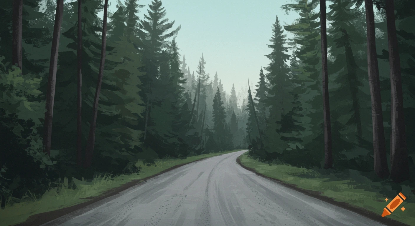 A road winds through a dense forest under a light sky.