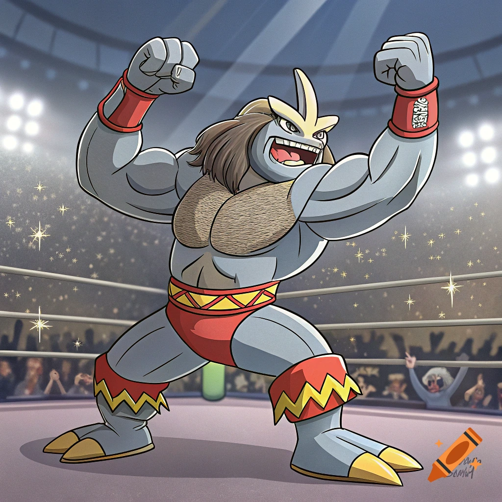 Cartoon of a Machamp-like creature in a wrestling ring posing in wrestling gear