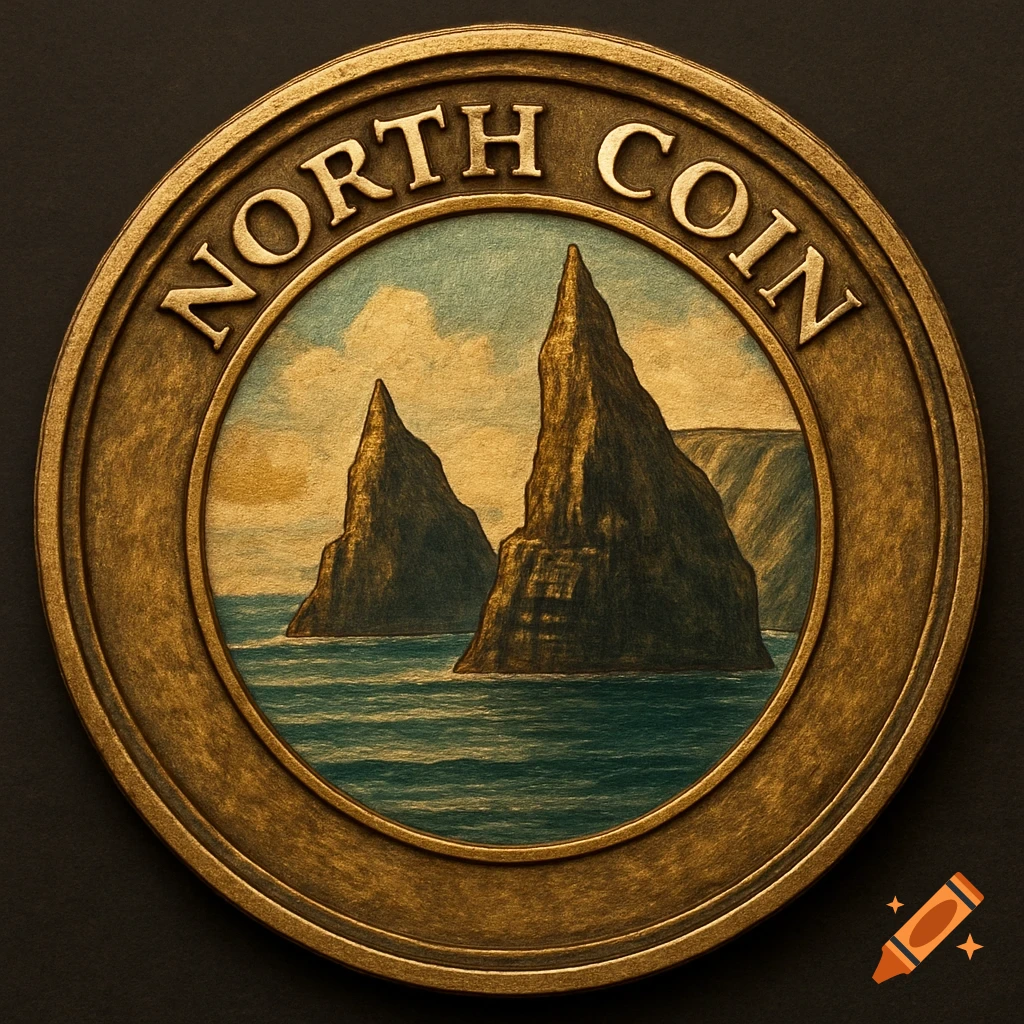 A gold coin with 'NORTH COIN' text, depicting two rock formations in the sea under a cloudy sky.