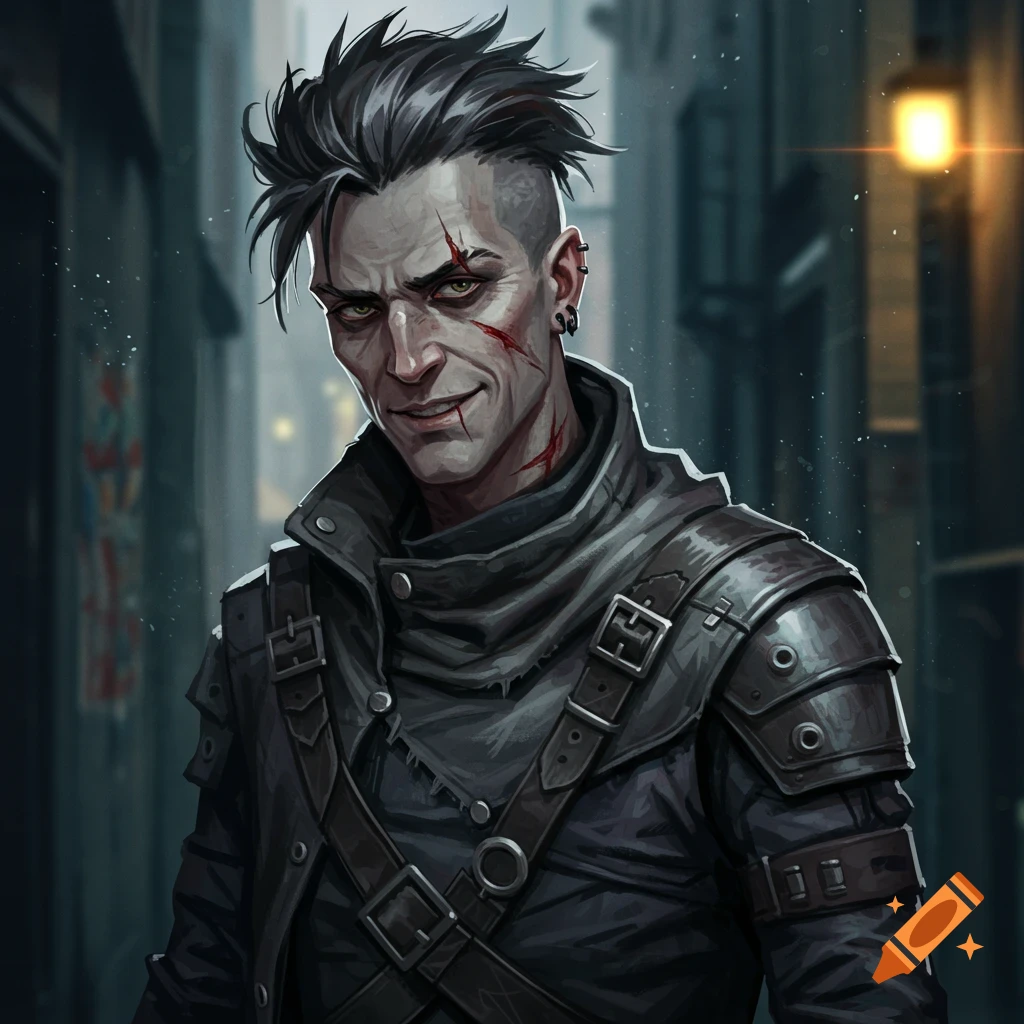 An anti-hero character with scars stands in a dark alley.