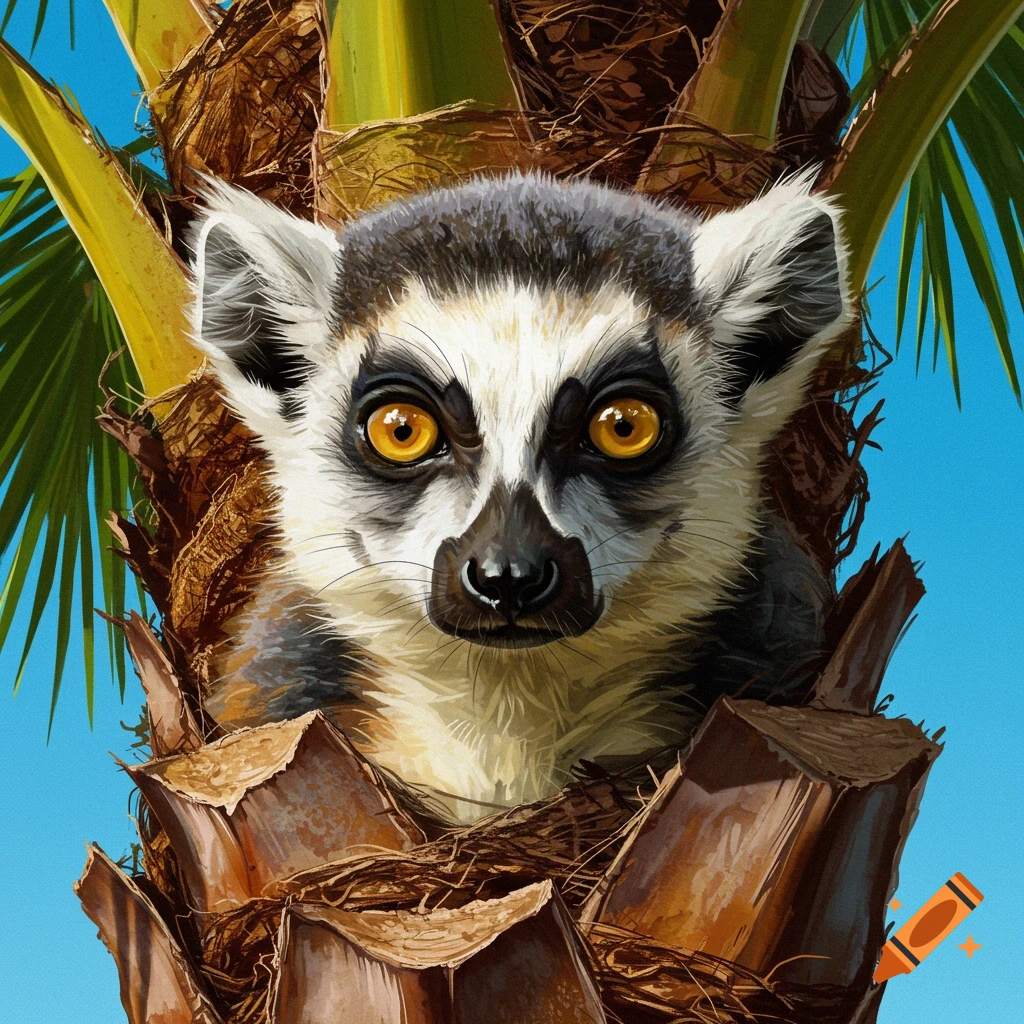 A lemur's face peering from a palm tree