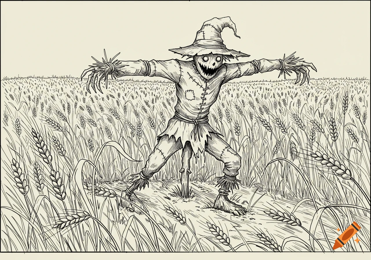 A creepy scarecrow stands in a wheat field, rendered in black and white line art.