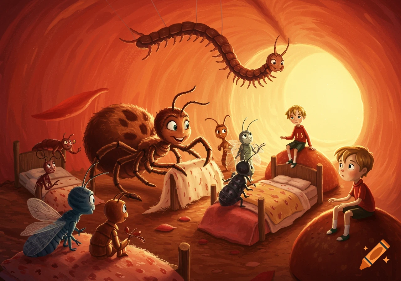 Whimsical depiction of cartoon insects and boys in a peach interior, with a spider making beds.