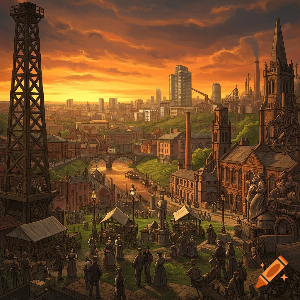 A bustling historical industrial city at sunset, with a river, market stalls, and a tall tower.