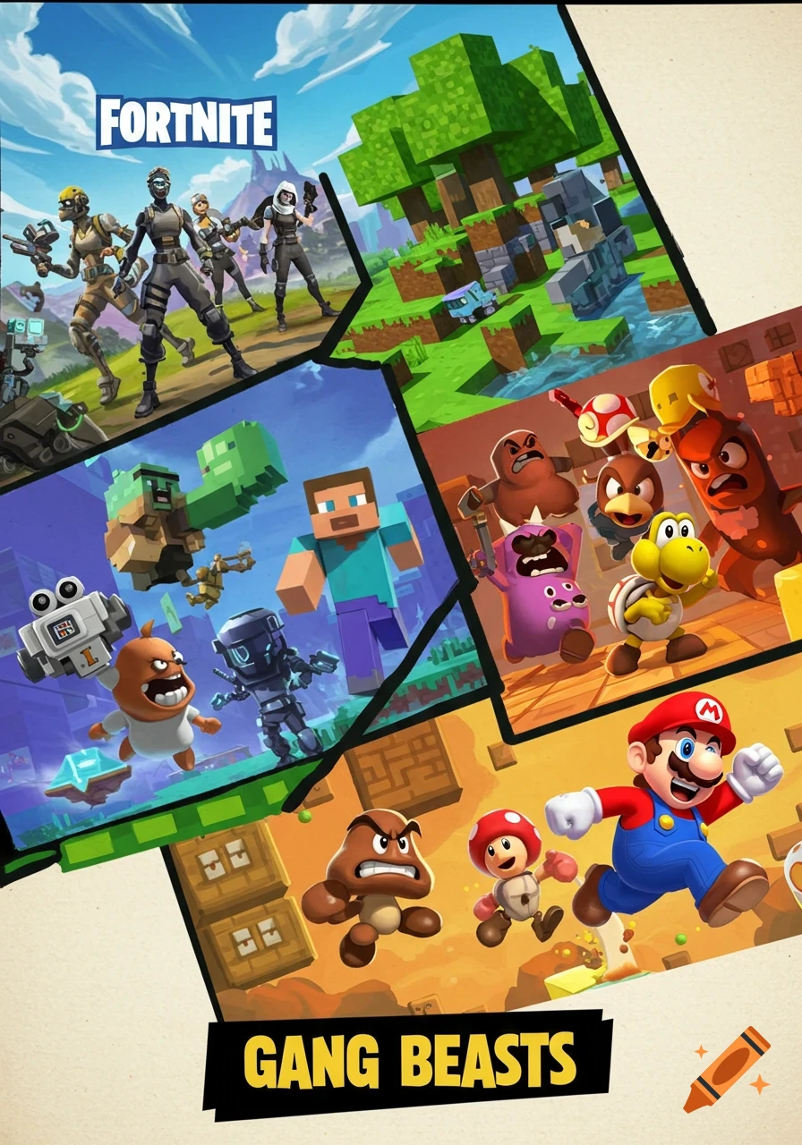 Characters and scenes from Fortnite, Minecraft, Gang Beasts, and Super Mario.