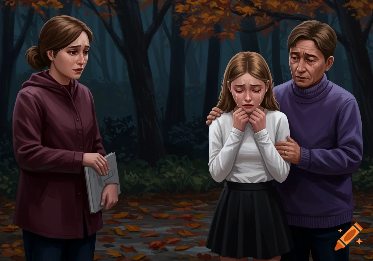 A family crying in a dark autumn forest.